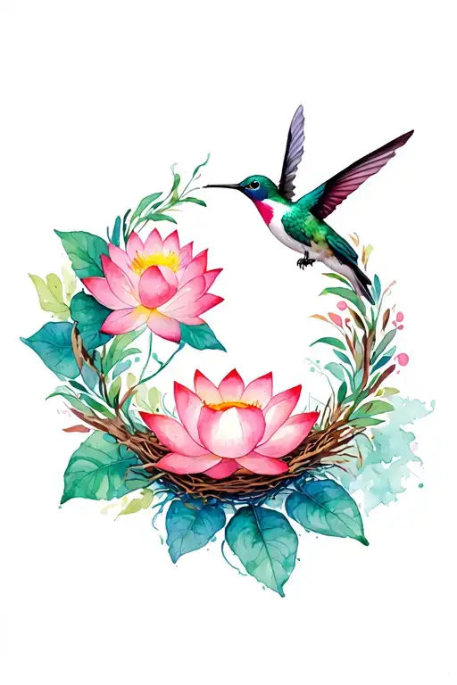 Lotus Wreath With Hummingbird And Nest In The Middle