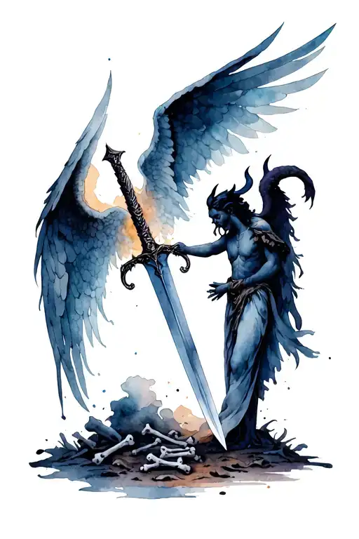 Devil Vs Angel Holding A Sword Surrounded By Bones And The Ground