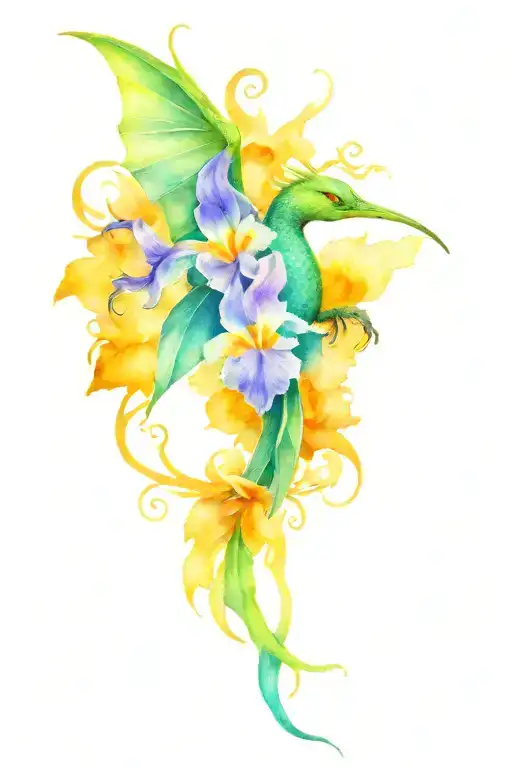 Older Dragon Chest Tatoo With Iris Flowers And Humming Bird