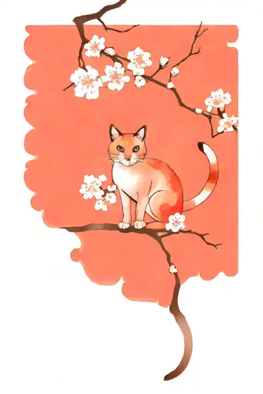 Red And Black Cat Surrounded By Cherry Blossoms