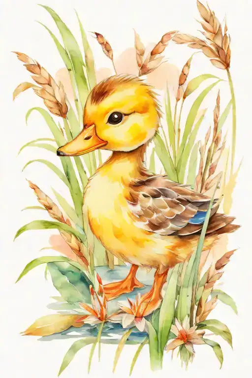 Baby Duck With A Dragonfly Among Cattails