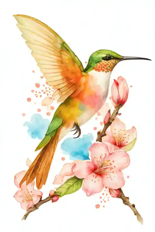 Humming Bird With Snow Drop Flower And Cherry Blossom