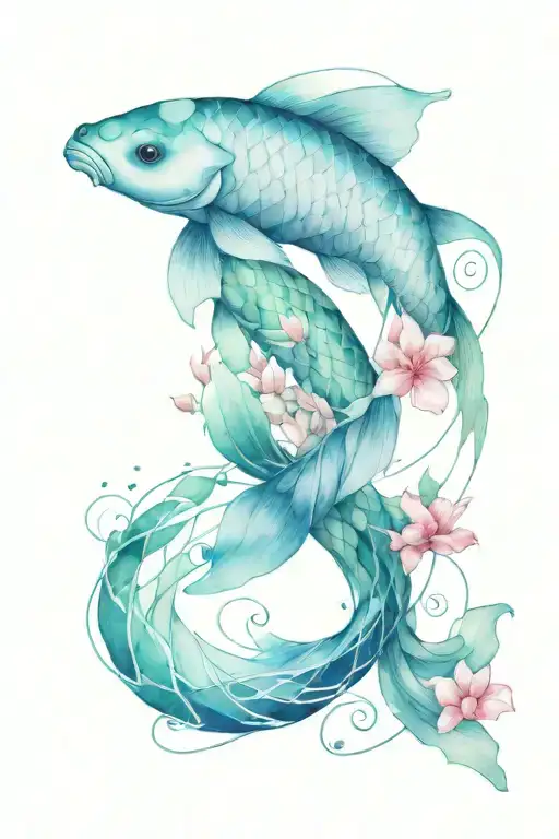 Geometric Tattoo Fish Koi With Waves And Flowers