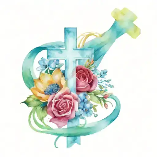 A Realistic Watercolor Bouquet Of Flowers Intertwined With A Cross Symbolizing Love And Family