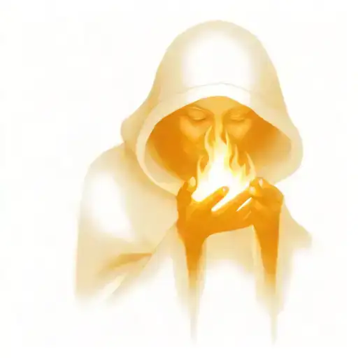 Hooded Old Woman Holding Fire In Cupped Hands