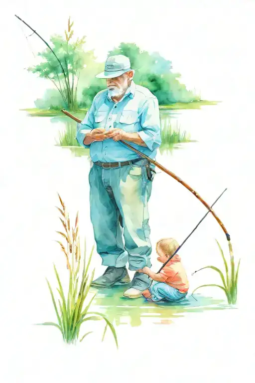 Papaw And Grandson Fishing Pond With Cattails