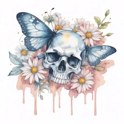 Semi Colon Butter Fly On Cluster Of Daisies With Skull