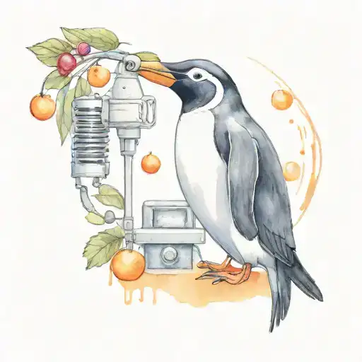 Mini Cute Pingu Infront Of Standing White Mic With Cherries And Oranges