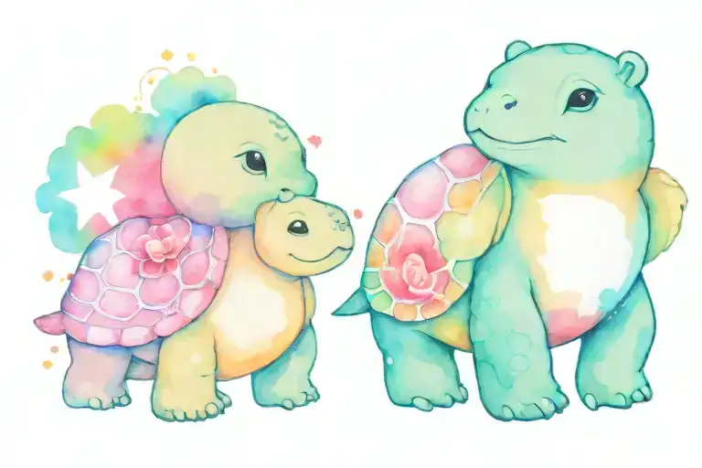 Minimalist Baby Turtle With A Baby Bear Looking At Each Other