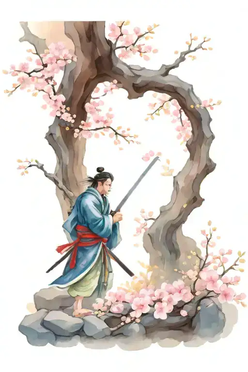 A Samurai Visiting His Masters Grave Under A Blossom Cherry Tree