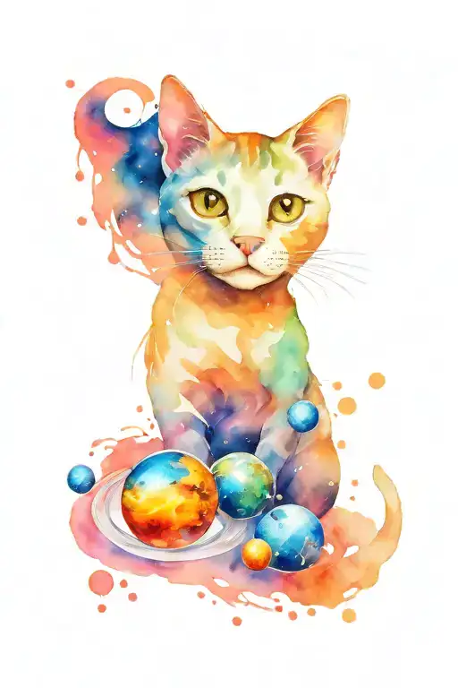 A Cat Floating In Space Surrounded By Glass Planets