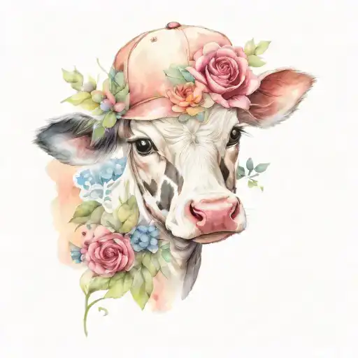 A Cute Baby Cow Wearing A Baseball Cap With A Background Of Watercolor Flowers And Lace