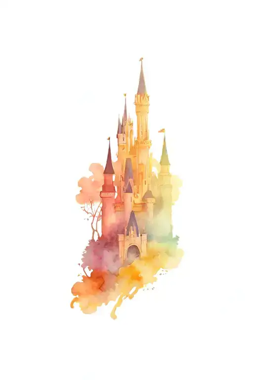 Disney Castle Overlooking Mountains