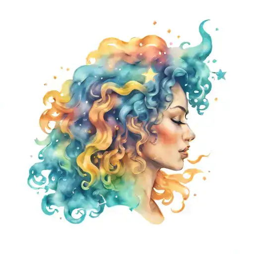 Galaxy Goddess Woman With Curly Hair And Stars Surrounding Her Head Colored