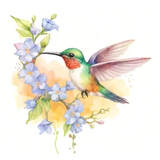 Humming Bird With Forget Me Not Flowers