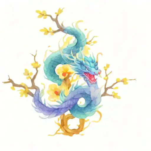Water Chinese Dragon In The Branches Of A Sakura Tree With Flying Sakura Petals