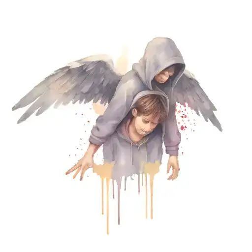 Depressed Boy With Hoody With Black Wings Being Picked Up By An Angel