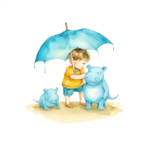 Little Boy Crouching While Holding An Umbrella And A Hippo Stuffed Animal