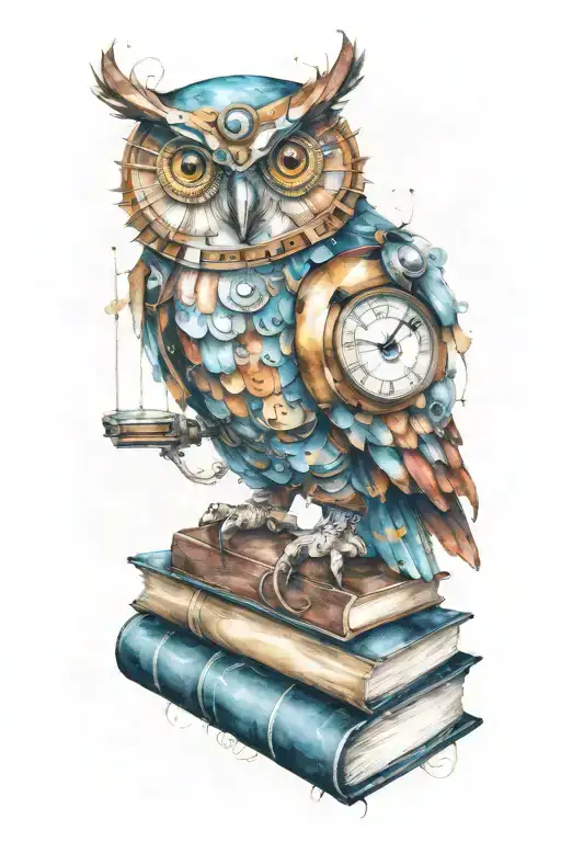 Steampunk Mechanical Owl Wearing A Monocle Perched On Books