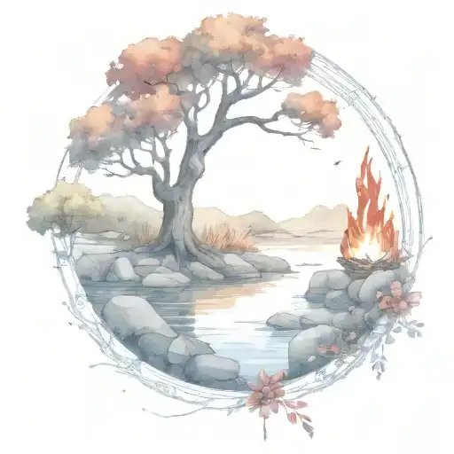 A Rowan Berry Tree And A Campfire Beside A River Waterfalling Down The Front
