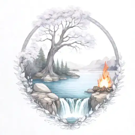 A River With A Campfire And A Rowan Tree On Either Side Of It Waterfalls Down The Front