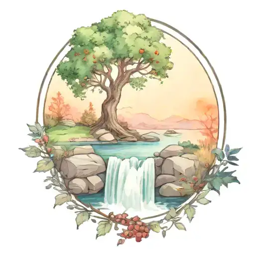 A Rowan Berry Tree And A Campfire Beside A River Waterfalling Down The Front