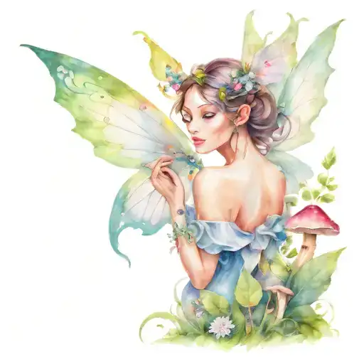 Realistic Fairy With Intricate Wings Blending Into A Lush Forest Scene With Mushrooms