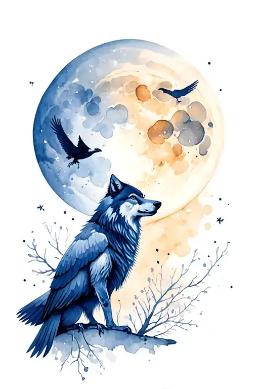 Wolf Raven And Moon In The Background