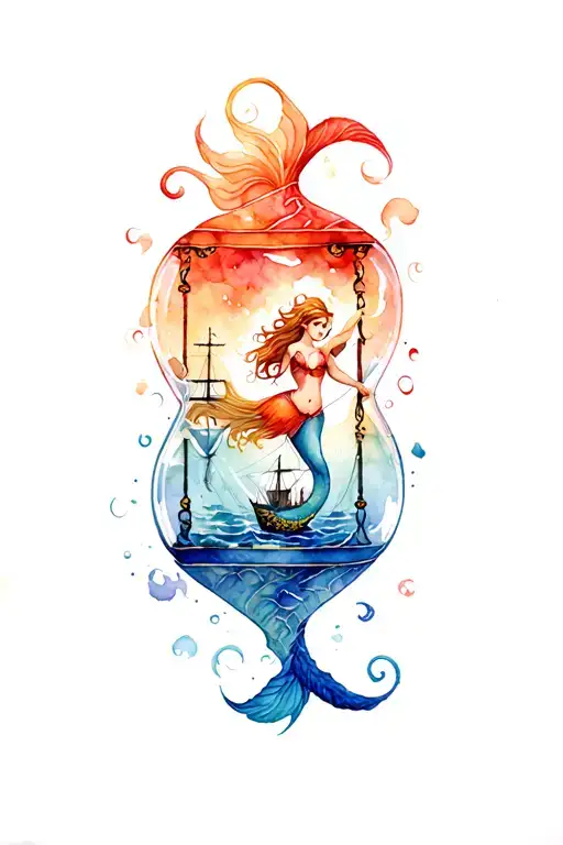 Mermaid Swimming Inside Of An Hourglass On One Side And A Ship And Kraken On The Other Side