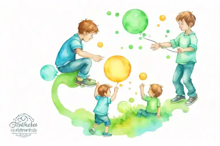 Design A Tattoo Of A Whimsical Scene With Nephews Playing With Bubbles In A Watercolor Style