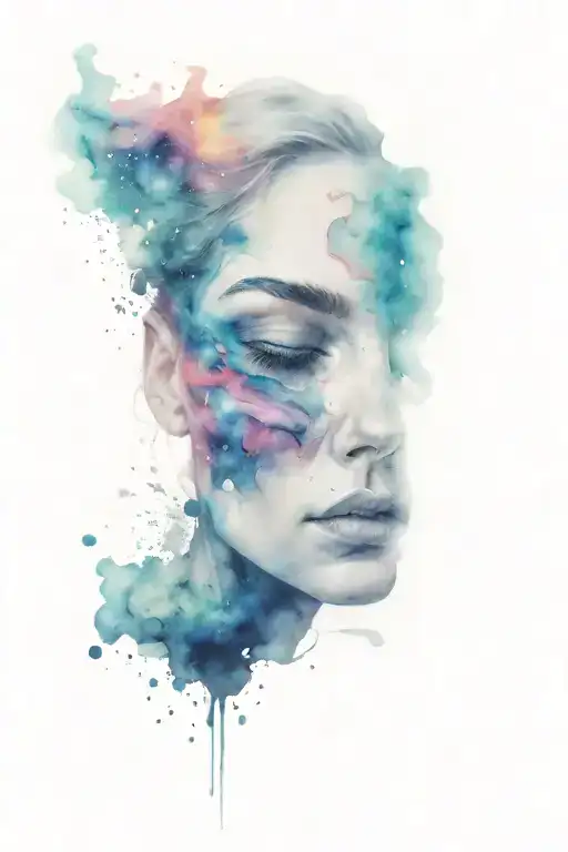 Tattoo Of Half A Face With An Explosion Of Galaxy Colors That Fades Into The Distance