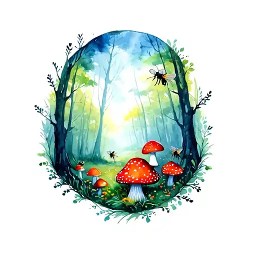 Bees And Red Mushroom Forest Landscape