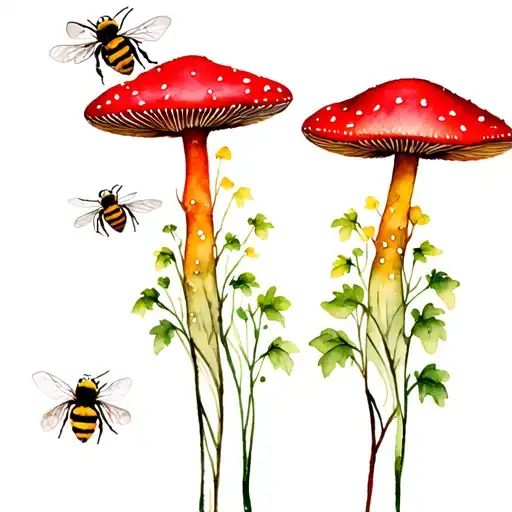 Bees And Red Mushroom Forest