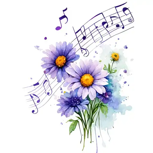 Daisy & Violet Flowers With Musical Notes Floating