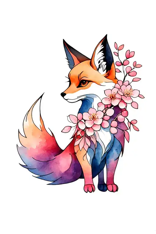Nine Tailed Kitsune Fox Full Body Cherry Blossoms
