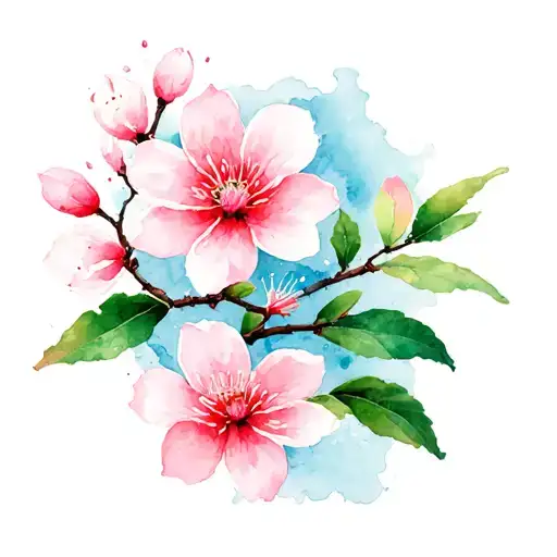 Sakura Flowers And Nature Greens Pinks And Blue Hues