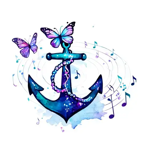 Anchor With Sparkly Butterfly Flying Around It With A Sparkly Music Note Trail