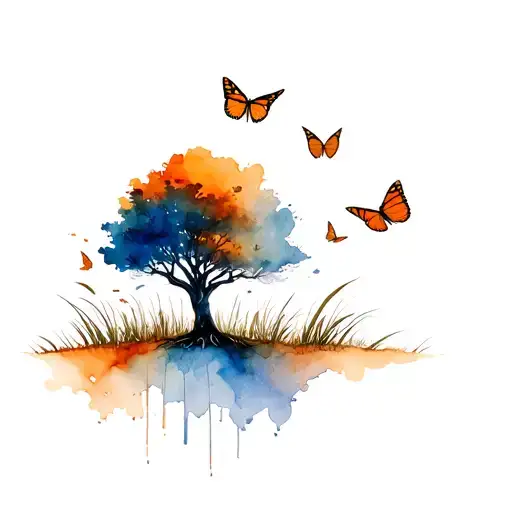 Rothem Tree With Desert Reeds Around It And Orange Monarch Butterflies Flying Around