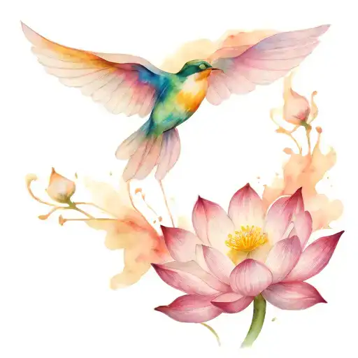 Lotus Flower With Bird Flying Away