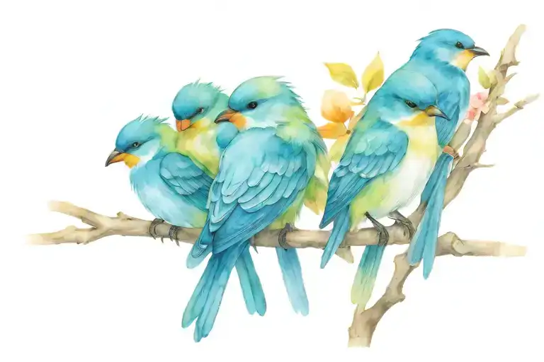 3 Birds Sitting On Branch Representing Kids Playing