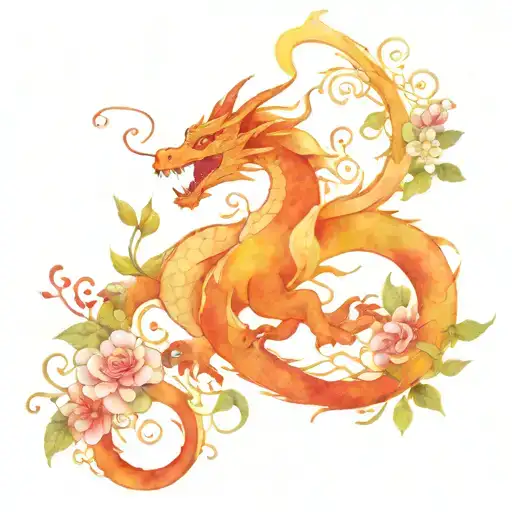 A Traditional Tattoo Of A Majestic Dragon Intertwined With Delicate Flowers And Vines