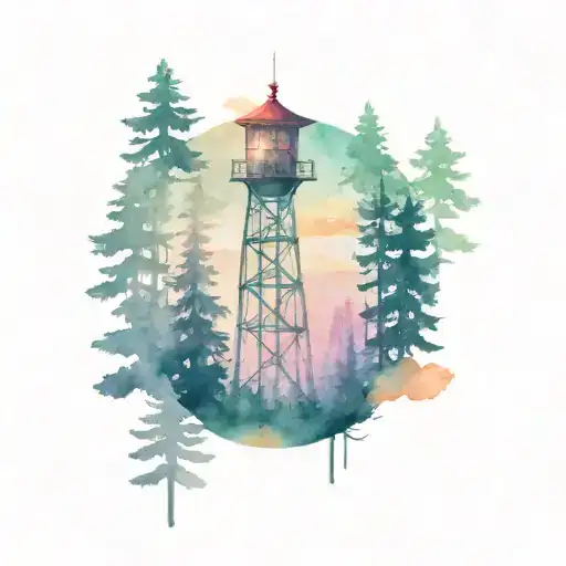 Fire Tower In Forest At Sunrise