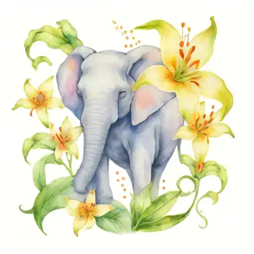 Elephant Holding Lilies Blooming