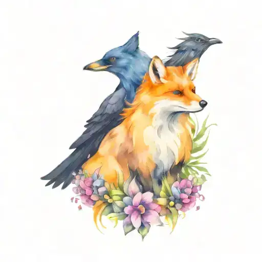 Foxes And Ravens With Floral Designs