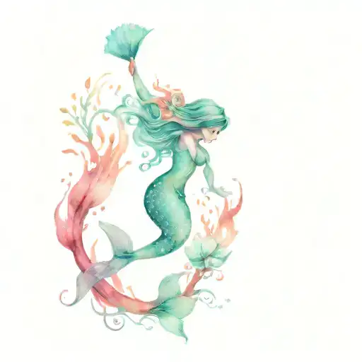 Teal Mermaid And Coral Reef And Dolphin