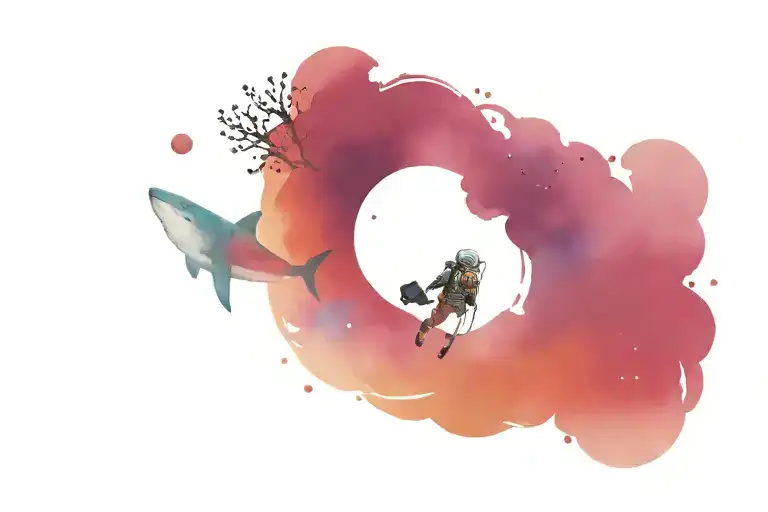 Astronaut And Diver In The Space And Ocean Waves And Fish Shark Whale Stars Planets Moon