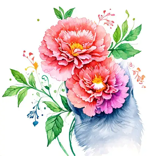 Cat And Carnation Flowers Intertwined