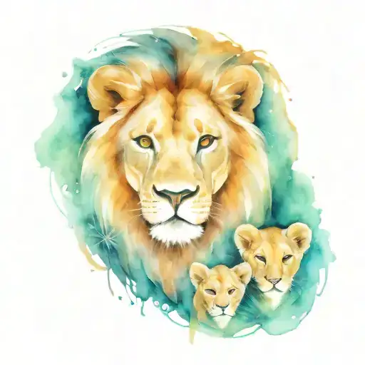 Mother Lion With 3 Cubs Face Only