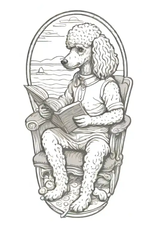 A Poodle Reading A Book With A Cup Of Coffee On The Beach