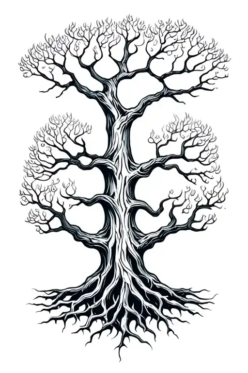 Yggdrasil Tree With Big Beautiful Branches And Interwoven Roots On Fire